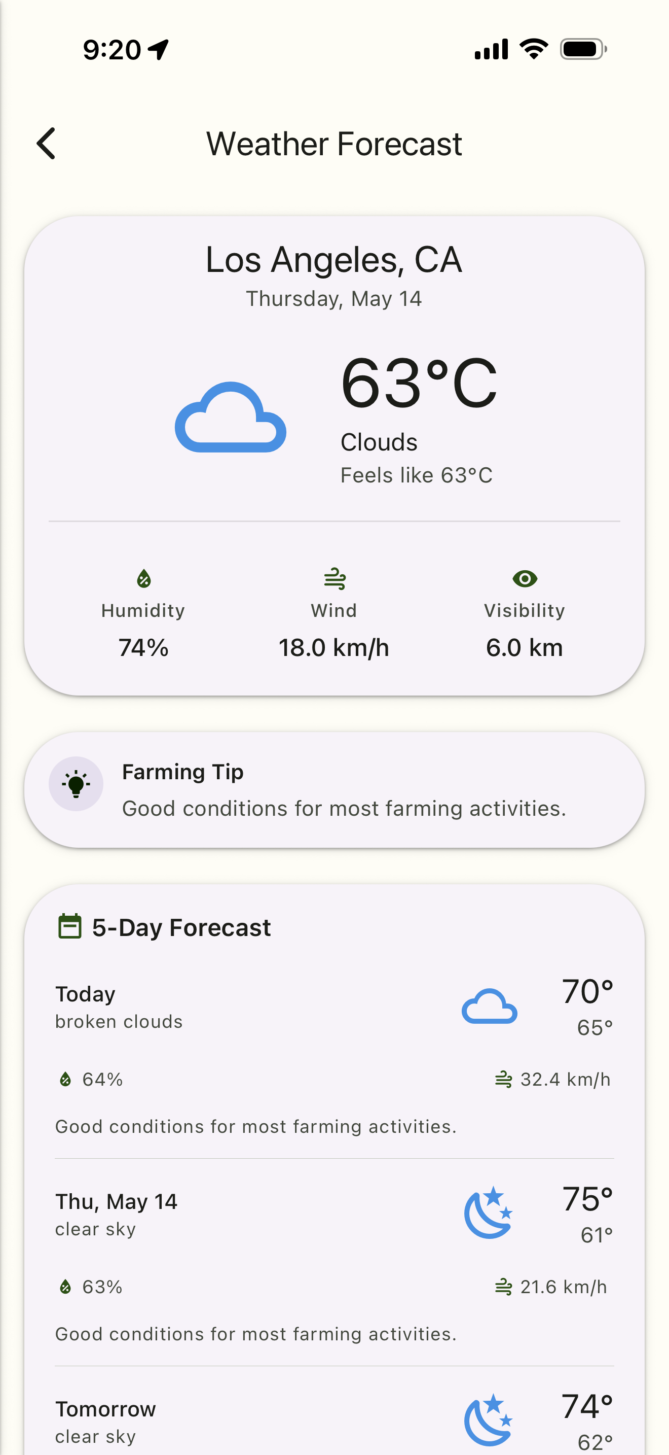 Agrum AI weather forecast screen with 7-day outlook and farm activity recommendations